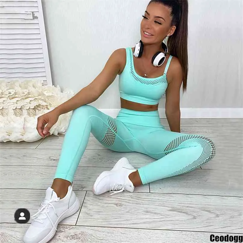 Naadloze Yoga Set Vrouwen Gym Sportswear Outfit Pant Leggings Pad One Shoulder Sports BH 2 Stks Workout Doek Tracksuit 210802