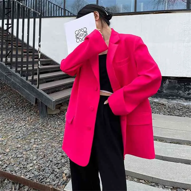 Fuchsia Blazer Women's Spring Autumn Notched Largesize Single Breasted Long Sleeve Suit Coat Female Tide 210427