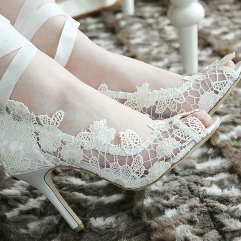 Dress Shoes Fashion White Lady Peep Toe For Wedding Graduation Party Prom Elegant High Heel Lace Flower Bridal