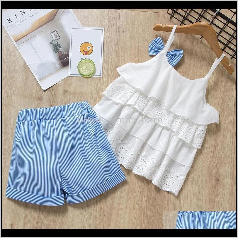 summer solid color girls hollow camisole top + striped shorts children`s clothing 2-piece set