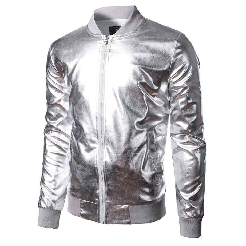 Silver Metallic Coated Jacket Men Stage Dans Prom Halloween Kostym Mode Zipper Baseball Varsity Jacket Veste Homme 210522