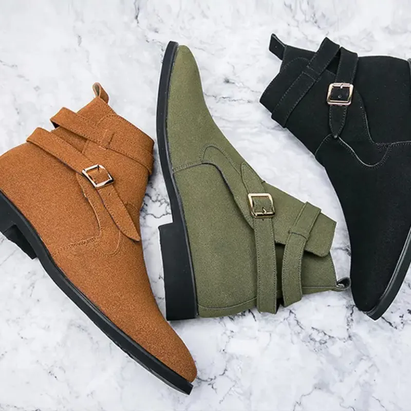 Juventude moda faux camurça chelsea botas homens clássico diário baixo calcanhar redondo cabeça ajustável cinto fivela britânico cavalheiro estilo DH338