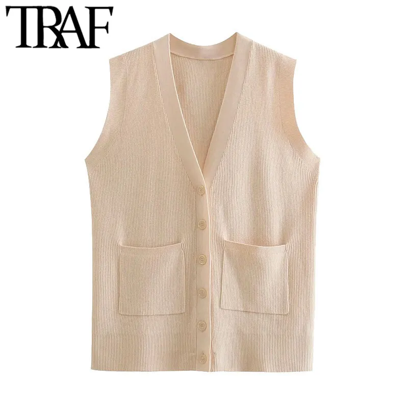 TRAF Women Fashion With Pockets Loose Ribbed Knitted Vest Sweater Vintage V Neck Button-up Female Waistcoat Chic Tops 210415