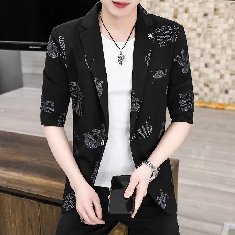 Summer Half Sleeve Men Blazers Fashion Printed Casual Suit Jacket
