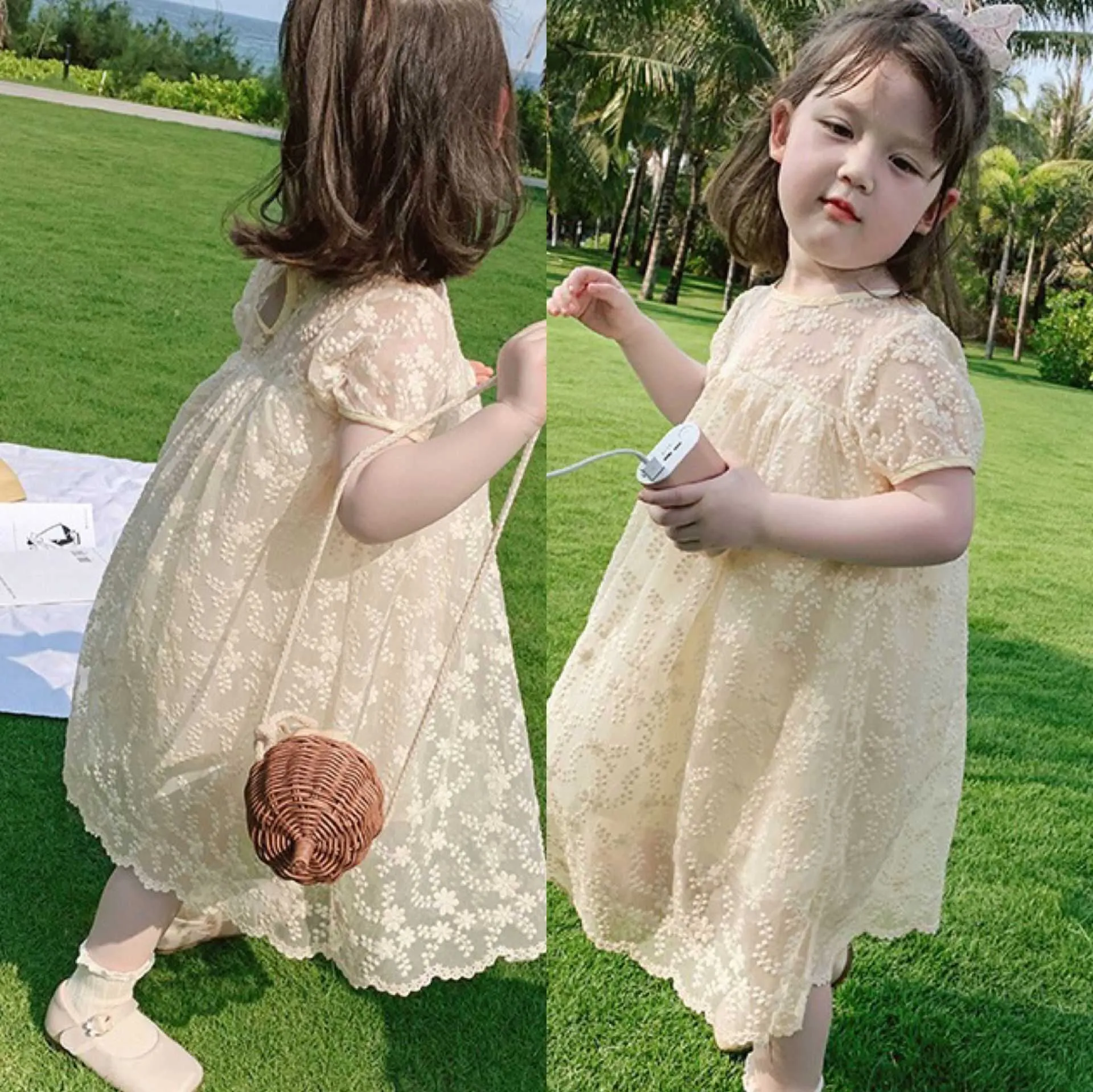 2021 Ny ankomst barns söta prinsessa klänning sommarflicka 3-8 y gul spets Q0716