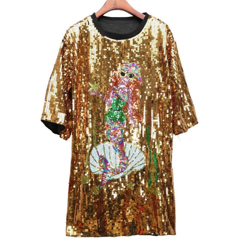 Women Black Green Gold Blue Silver T-shirt O Neck Short Sleeve Sequined Cartoon Mermaid Letter Loose Top Summer B0777 210514