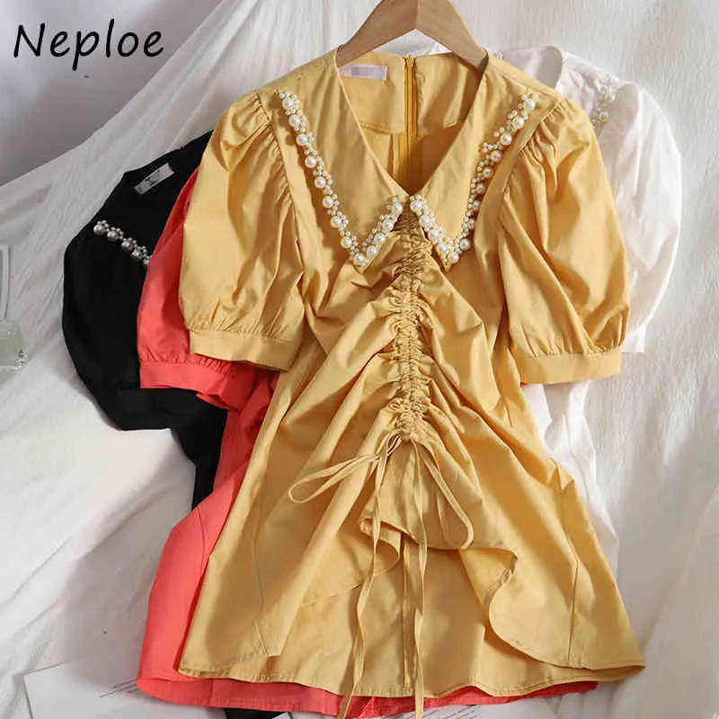 Neploe Elegant Beading Patchwork Solid Dress Women Peter Pan Collar Pullover Short Sleeve Vestidos High Waist Hip A Line Robe 210423