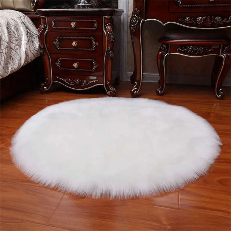 OIMG Faux Fur Rug Fluffy Carpet Round Pink White Mat for Living Room Bed Bedside Girl Luxury Home Decoration Plush Floor Rugs 210928