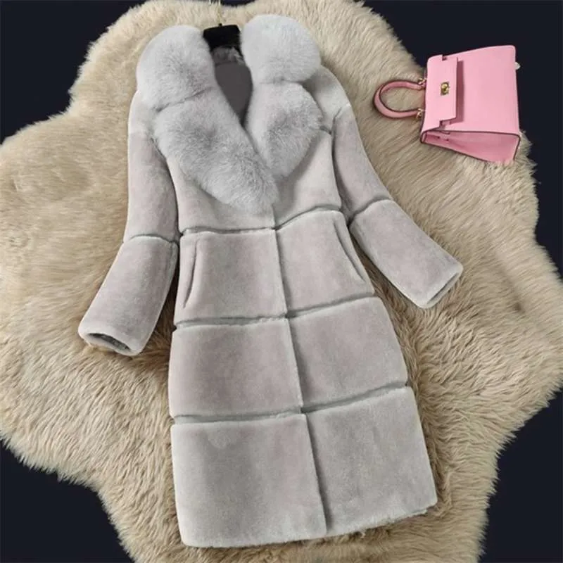 Luxo Winter Faux Pele Casaco Mulheres Espessas Manga Longa Jaqueta Moda Moda Feminina Falso Fox Fur Colar Outerwear Mulheres Quente Faux Pele Casaco 210928