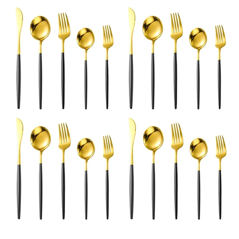 20 Pcs Mirror Stainless Steel Black Gold Silver Cutlery Tableware Knife Coffee Spoon Salad Fork Flatware Set Dishwasher Safe 211108