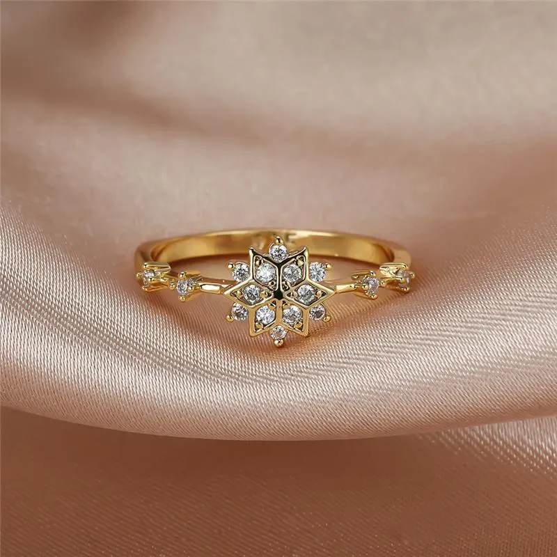 Eheringe Nettes Mädchen Weißer Kristallstein Schmuck Charme Zirkon Gold Dünn Für Frauen Vintage Braut Schneeflocke Verlobungsring