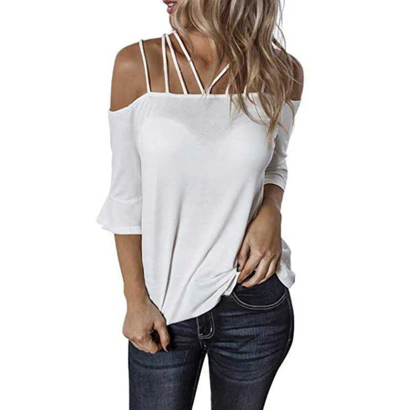 Sexy Vrouwen T-shirts Casual Off Shoulder Flare Sleeve Slash Hals Losse T-shirt Plus Size Kleding Dunne Zomer Tops S-5XL 210526