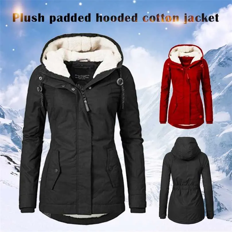 女性のコートの冬の厚い女性のための暖かい女性防水フード付きフリース並ぶ綿のムヤーチャケータ211018