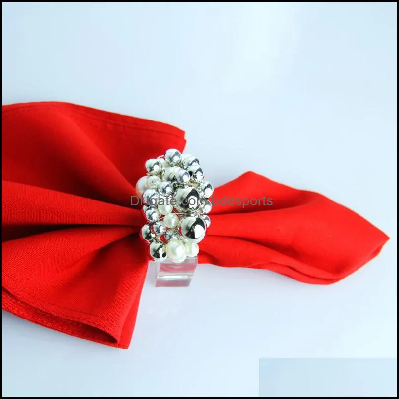 Napkin Rings Silver Pearl With Square Acrylic Ring Holder 4 Pcs Qn20122501