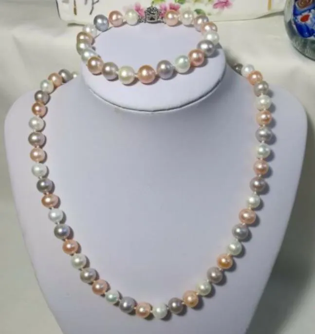 8-9mm Mixed Colors Natural Pearl Beaded Necklace+ Bracelet 925 Silver Clasp Women's Gift Jewelry