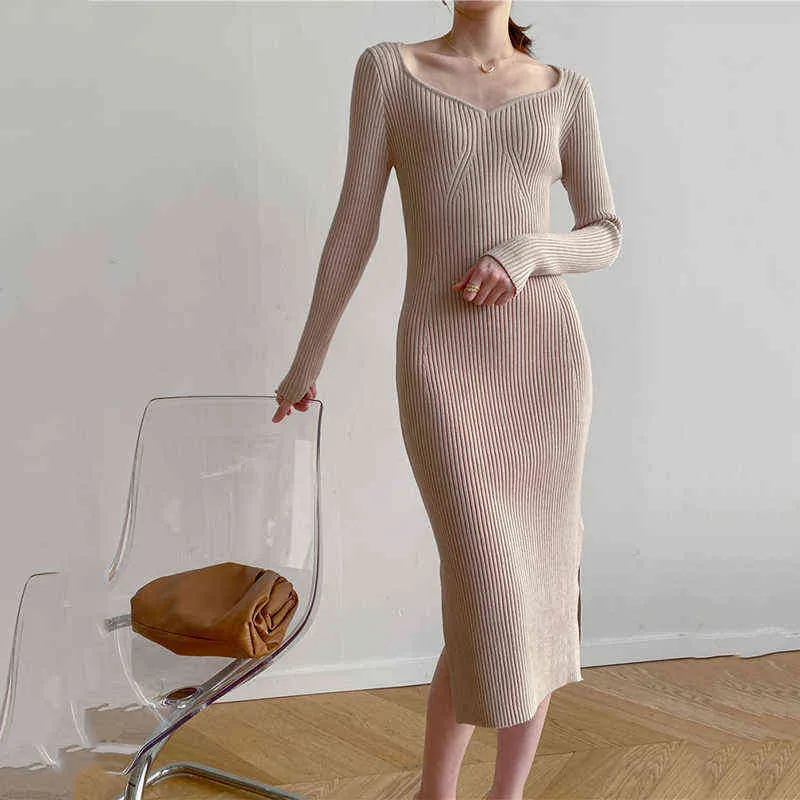 Autumn Elegant retro V-neck thread slim split knitted dress for womens Winter bottom long sweater dress Office Lady vestidos Y1204