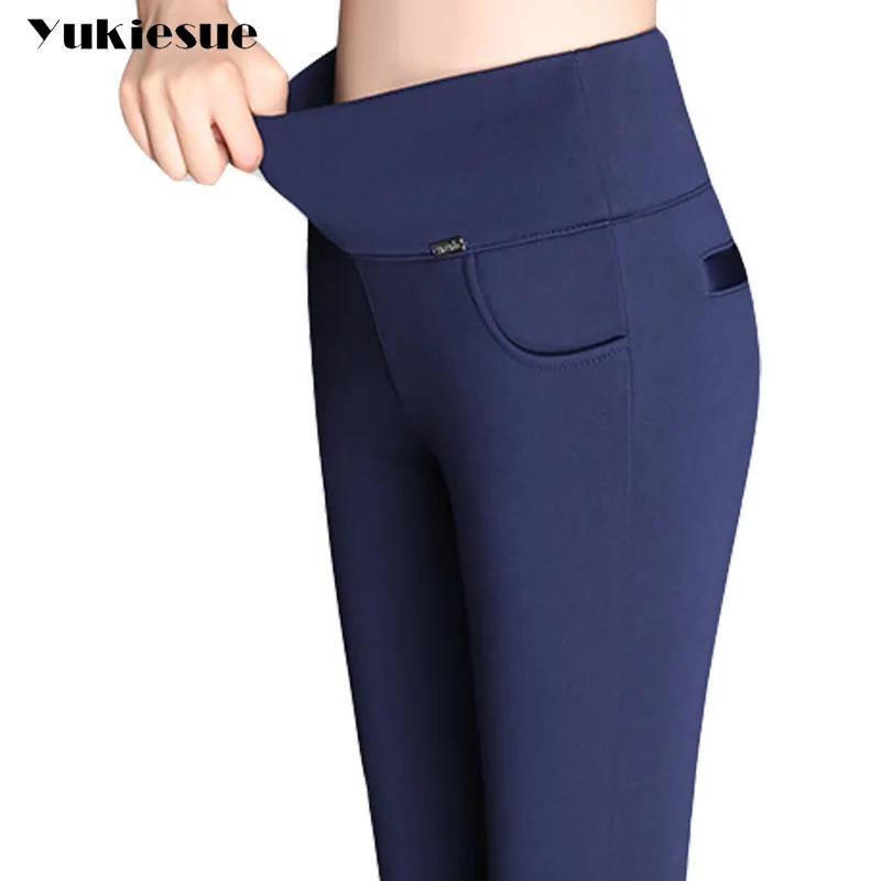 Winter warm women pants high waist elastic stretch skinny OL office pencil pants female fleece trousers Plus size 4XL Black red 210519