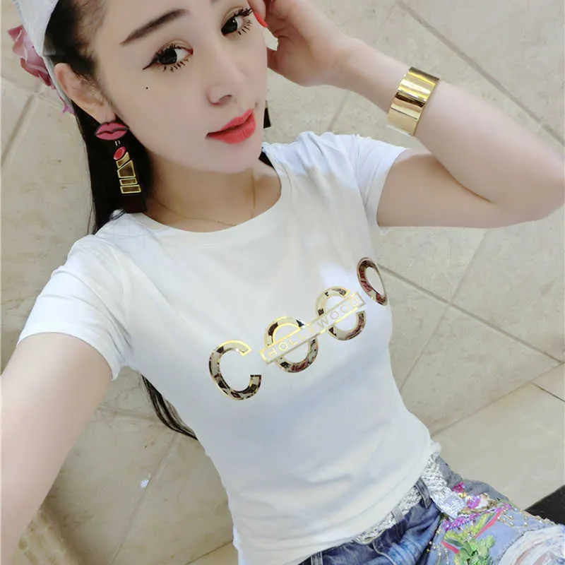 Stamping LettersT Shirt Donna Casual Print Lady Top Tees Cotone O-Collo a maniche corte Bianco Nero T-shirt 40 X0628