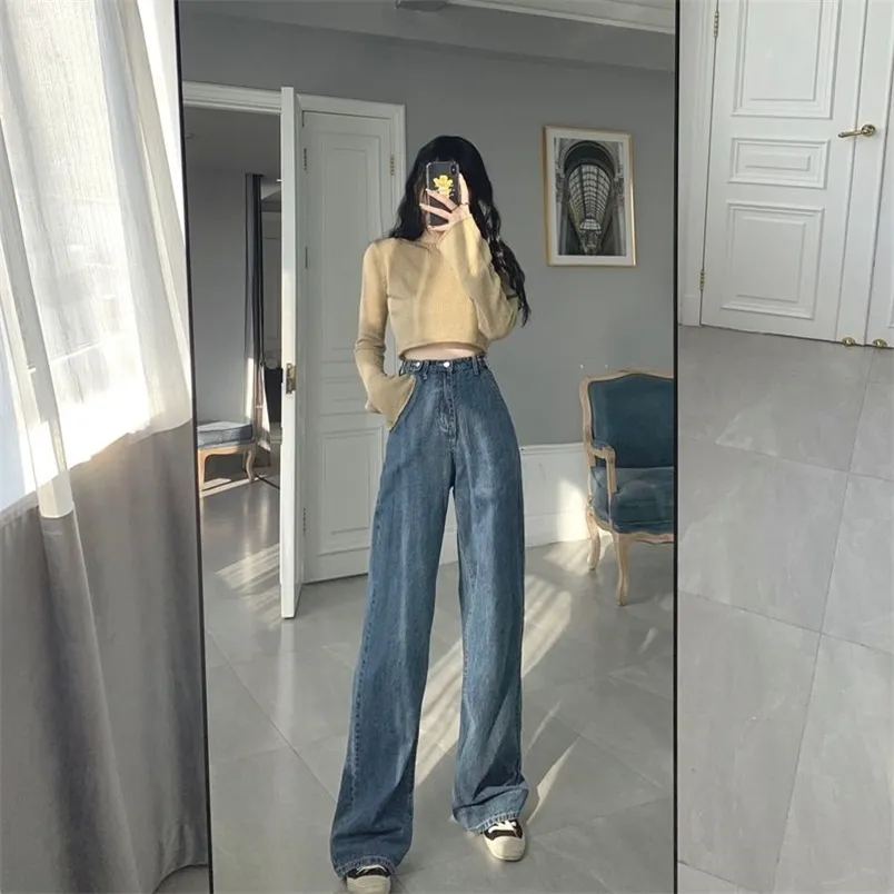 Jasnoniebieskie dżinsy dla kobiet myte retro wysokiej talii proste długie luźne szerokie spodnie nogi streetwear spodnie 210708