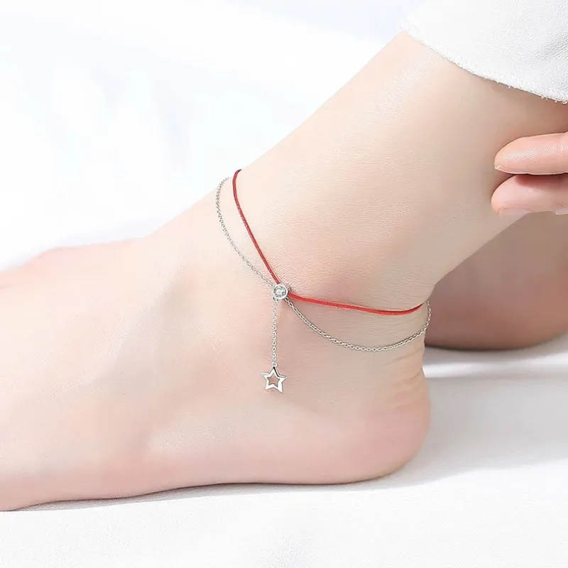 Całe 100% Prawdziwe 925 Sterling Silver Exquisiteness Anklets z Cyrkon Star Red Line Surround Ack Lato Moda Akcesoria