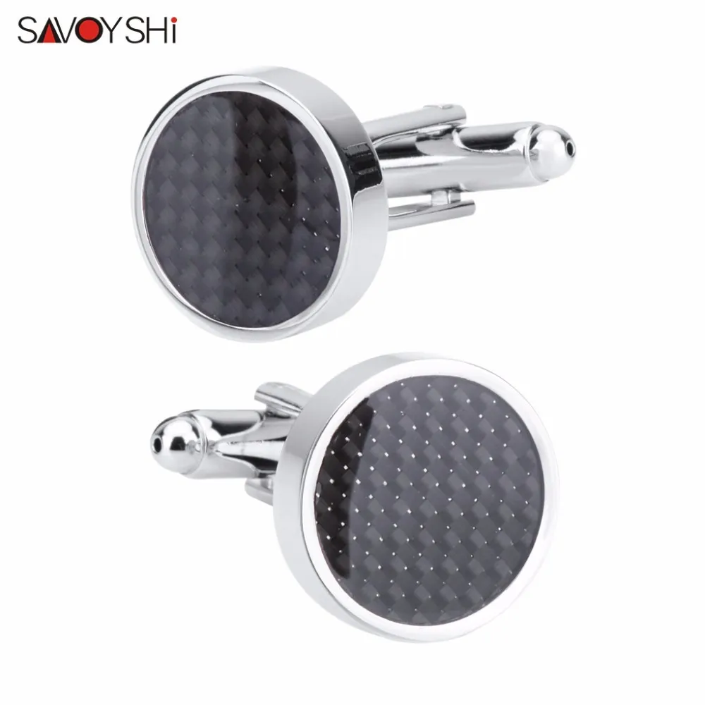 Savoyshi Black Fibre de carbone Liens pour Chemise pour hommes Boutons Haute Qualité Rond Argent Cold Cuff Link Brand Hommes Bijoux