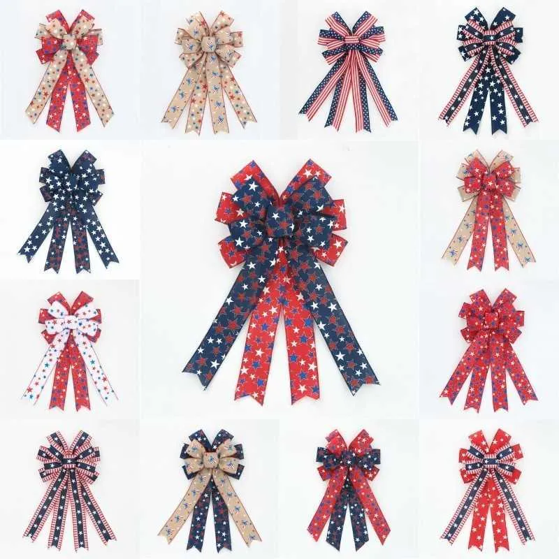 Party Supplies Bows Patriotic Us Flag Patterns Stars Stripes Red White Blue Ribbon Decor American Independence Day Decoration Hanging