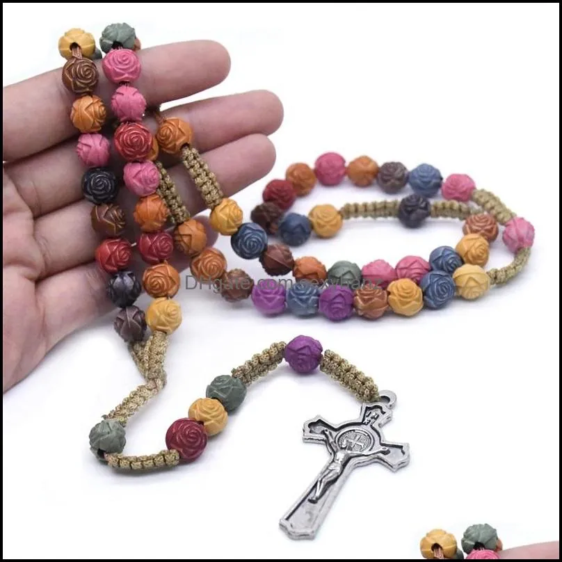 Rose Bead Colored Cross Rosary Necklace Christ Jesus Religious Handmade Christian Prayer Jewelry 581 Z2