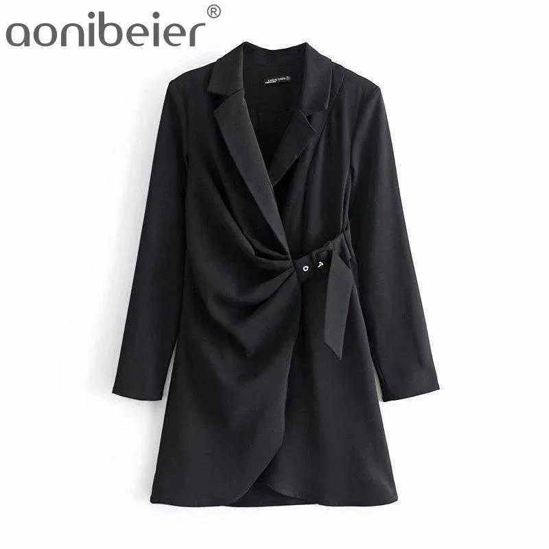 Kvinnors Lång Chic Style Lapel Fold Belt Drape Sleeve Slim Suit Coat Sashes Blazer Urban Outfits 210604