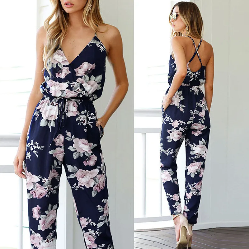 Rompers kvinna jumpsuit sommar damer blå sexig djup v hals spets upp ärmlös blommig back cross casual jumpsuit femme 210419