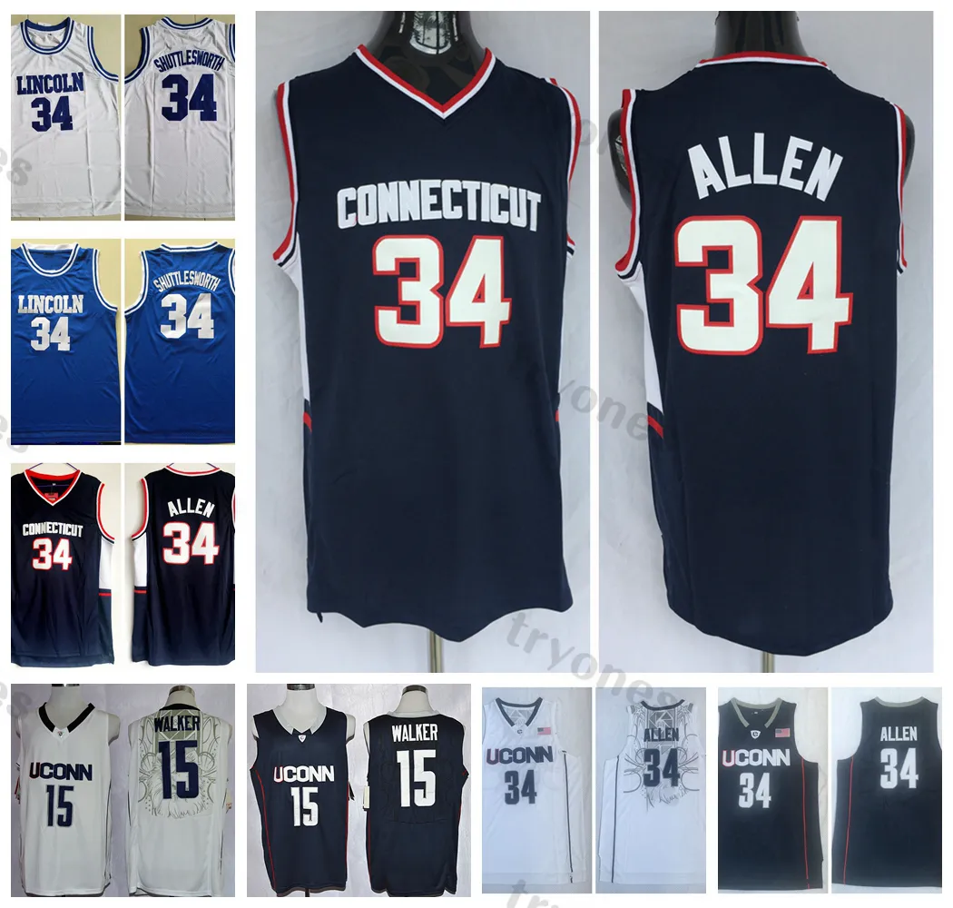 Vintage Mens Uconn Huskies 15 Kemba Walker 34 Ray Allen College قمصان كرة السلة قمصان زرقاء مخيطة لنكولن # 34 جيسوس شاتلزوورث جيرسي S-XXL