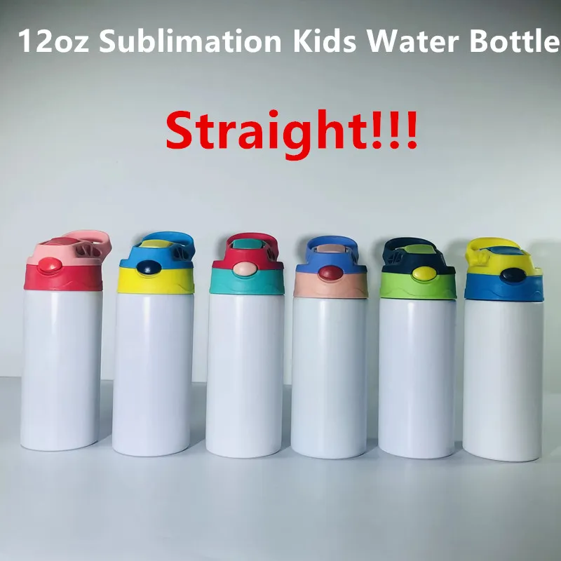 12oz Sublimazione STRAIGHT Sippy Cups Bottiglia d'acqua per bambini con ribaltamento sulla parte superiore Biberon in acciaio inossidabile Doppia parete per alimentazione sottovuoto Biberon per allattamento Bicchiere