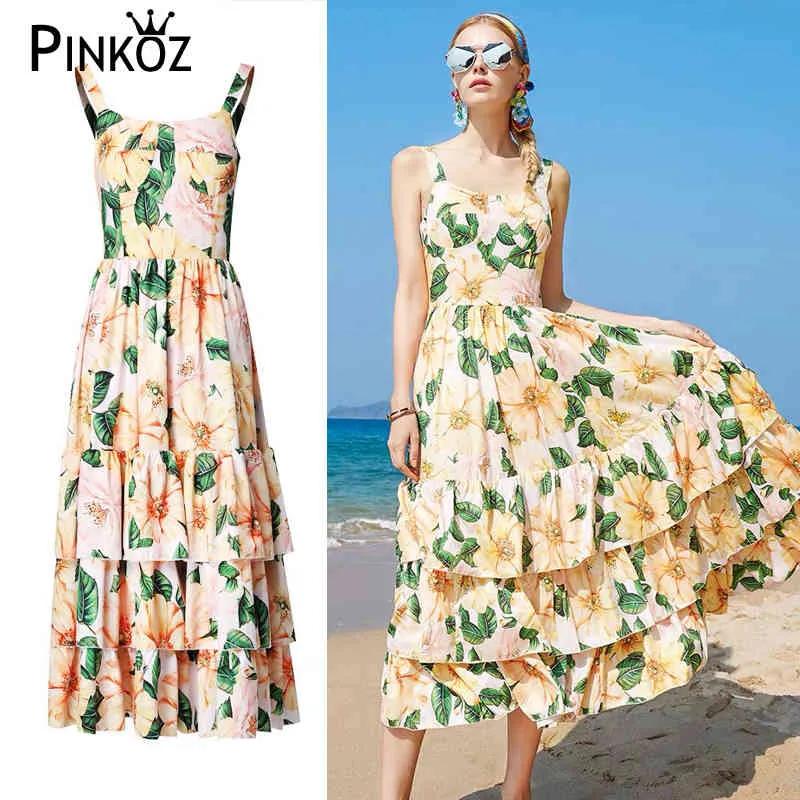 Summer Fashion Runway Couche à plusieurs niveaux Ruffles Beach Boho Robe Femmes Spaghetti Strap Floral Print Midi Holiday Robe élégante 210421