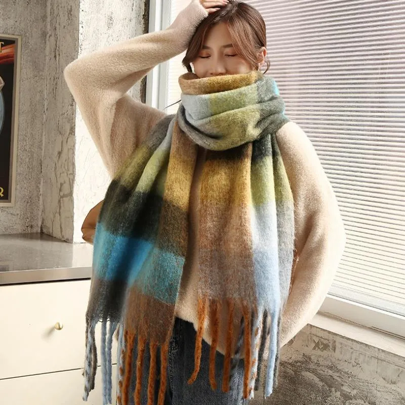 Halsdukar 2021 Mode Faux Cashmere Dam Varm Kontrast Rutad Scarf Vinter Sjal Wrap Pashmina Lång Tofs Kvinna Tjock filt