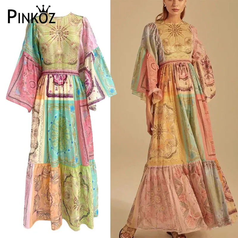 Vintage printemps mode imprimé Patchwork longue robe femmes imprimé fleuri luxe papillon manches robes de vacances vestidos 210421