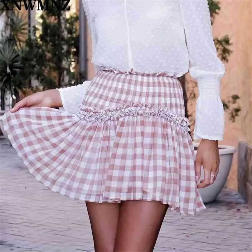Alta calidad Mujeres Falda de cintura alta Vintage Plaid Plisado Volante Mini Coreano Streetwear Mujer S Casual Mujer 210520