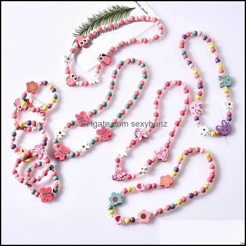 Earrings & Necklace Kids Children Girls Bracelet Set Cartoon Animal Flower Wood Beads Jewelry Birthday Party Gift