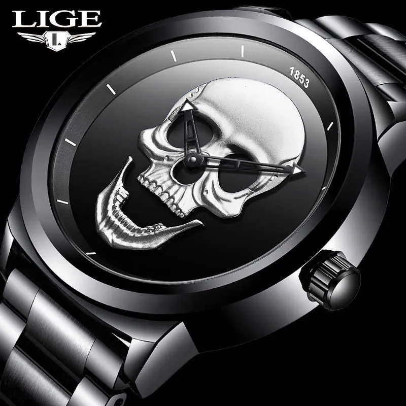 LIGE Creative Skull Men Orologi Moda Sport Top Brand Watch Uomo Orologio impermeabile in acciaio inossidabile Relogio Masculino 210527
