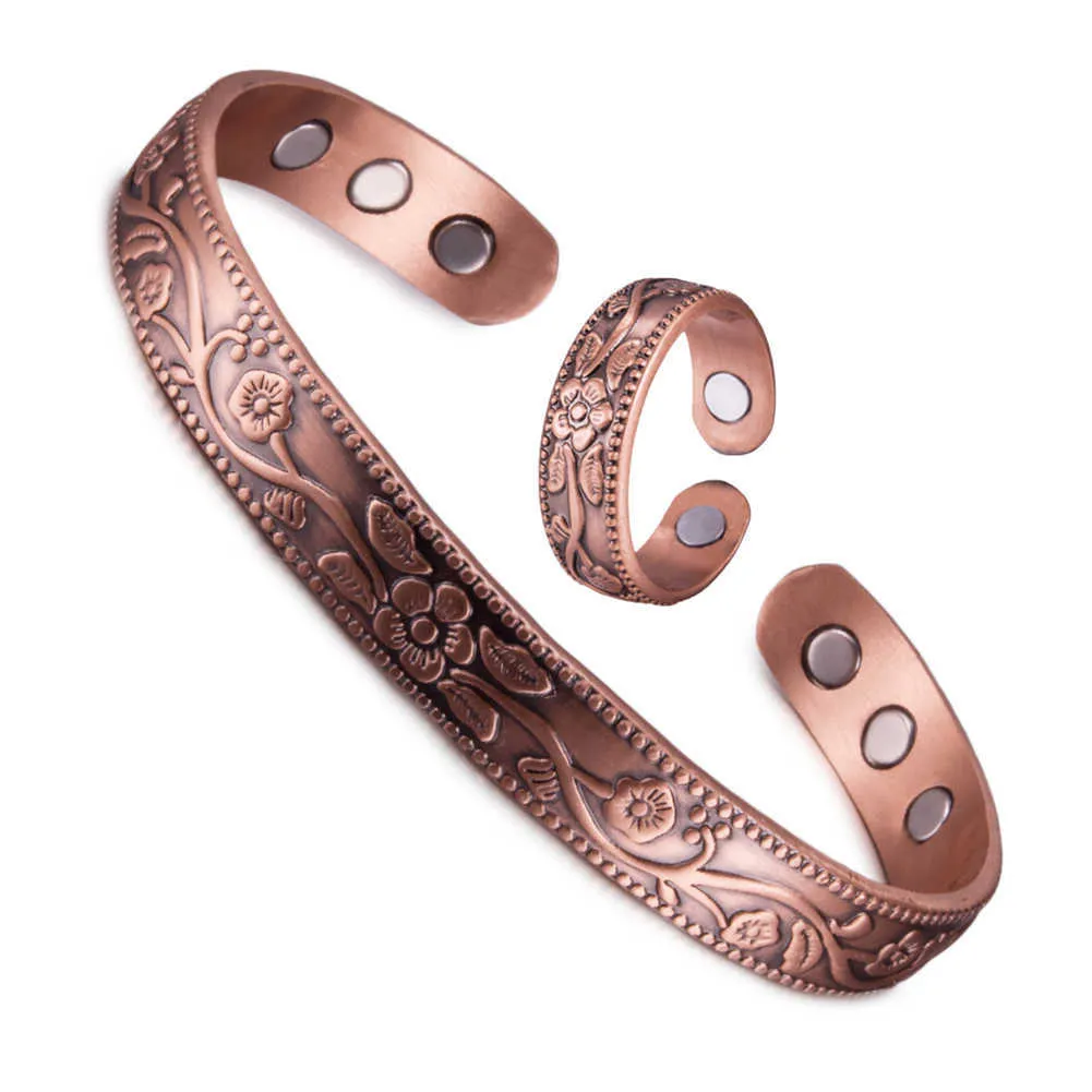Magnetiska rena koppar smycken-set justerbar armband ring vintage blomma hälsa energi artrit smycken satt för kvinnor män 210720