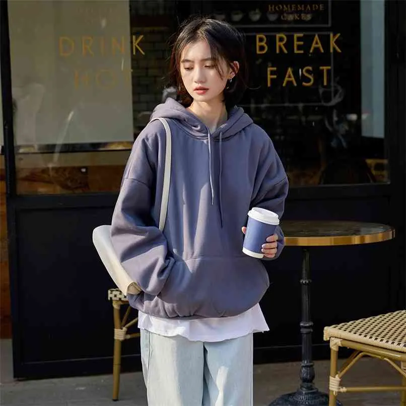 100% Cotton Hoodies Sweatshirts Women Fall Winter Hooded Oversize Loose Solid Thicken Lady Fashion fit 4XL 210601