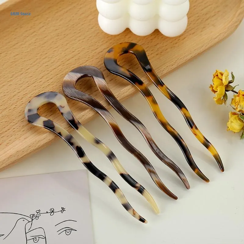 Fermagli per capelli Mollette French Twist Stick Clip Vintage Acetato di celluloide Grande forcina ondulata a forma di U Guscio di tartaruga Spilla per chignon da donna Updo