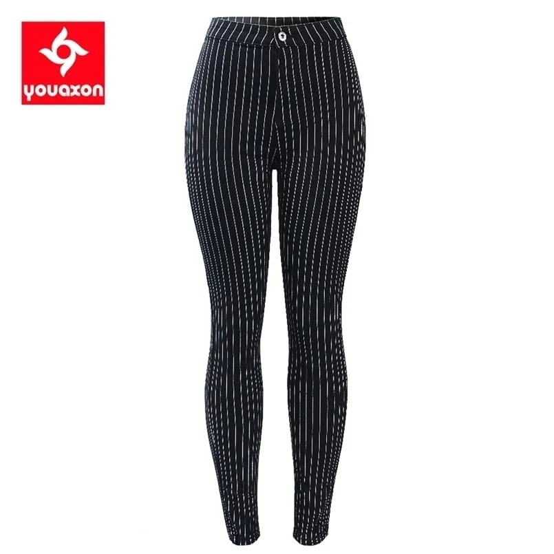 2210 Youaxon EU Size White Stripes High Waist Black Jeans Woman Spring Summer Stretchy Skinny Pants Trousers For Women 210809