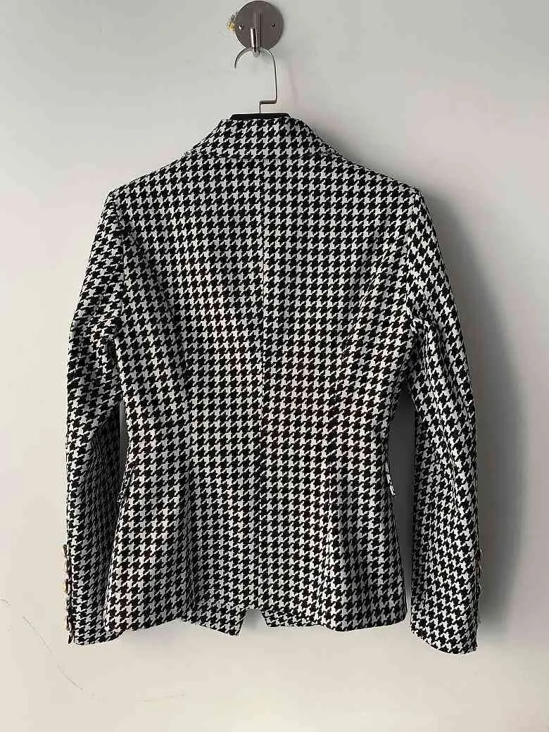 New Top Quality Original Design Women's Classic Houndstooth Double-Breasted Blazer Slim Jacket Metal Buckles Blazer suit collar outwear