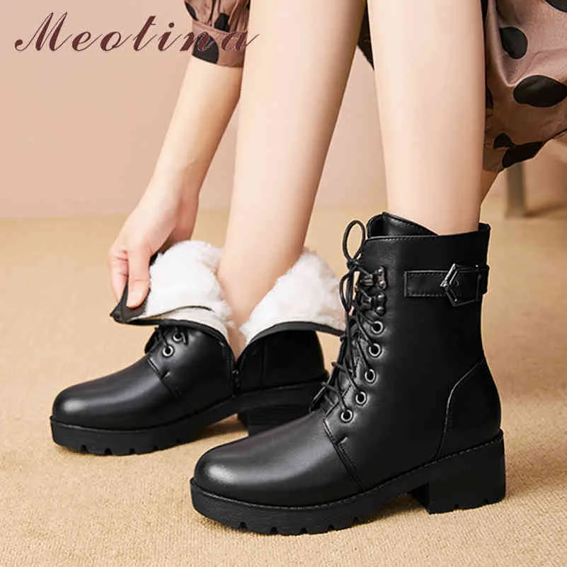 Meotina Real Wool Fur Real Leather Women Motorcycle Boots Shoes Buckle Platform Chunky High Heel Short Boots Lace Up Zip Boots 210520
