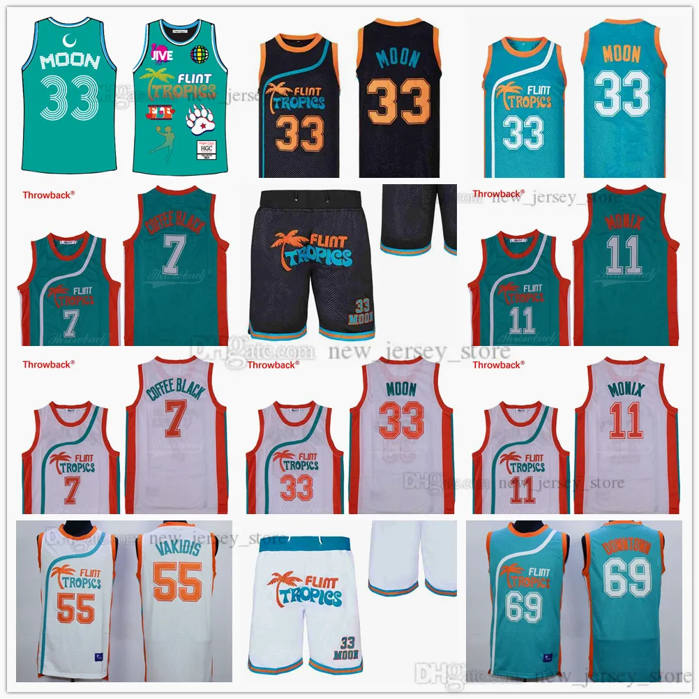 Flint Tropics 세미 프로 영화 농구 33 Jackie Moon Jerseys 7 Coffee Black 11 Monix 55 Vakidis 69 Downtown Jersey 그린 화이트 포켓 반바지