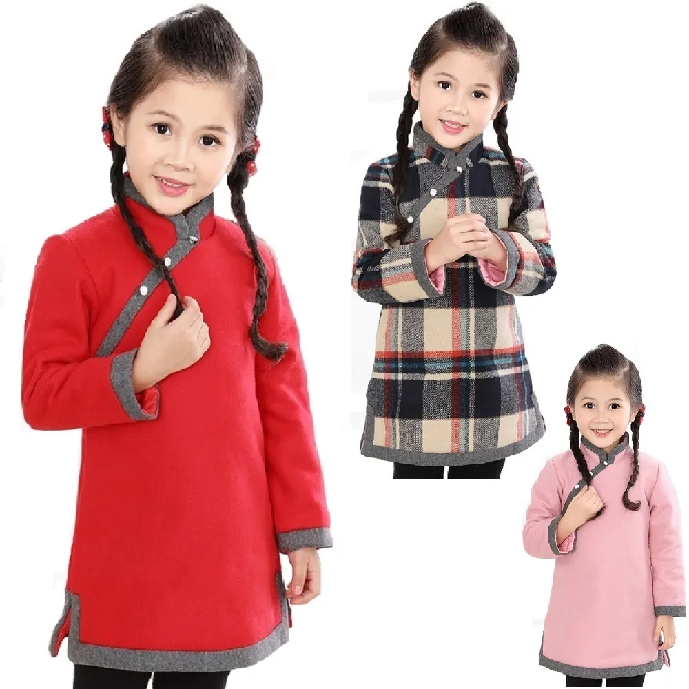 Chinesische Baby Mädchen Kleid Dick Stepp Mädchen Daunenjacke Chi-Pao Kleider Kinder Cheongsam Mantel Outfit Qipao Outwear Bluse Tops 210413