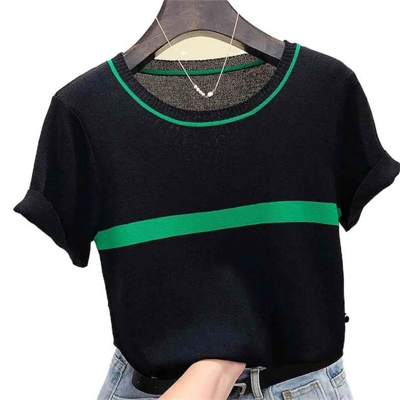 Modisches Damen-T-Shirt für Frühling und Sommer, schlanker, dünner Strickpullover, Eisseide, kurzärmeliges Strickoberteil 210520