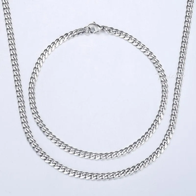 Kolczyki Naszyjnik Męskie Zestawy Biżuterii Silver Color Zestaw Bransoletka Ze Stali Nierdzewnej Krzyżuj Cuban Chain Prezenty 3mm HKS114