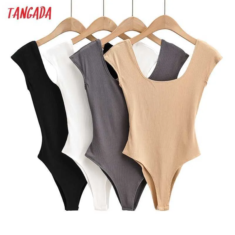 Tangada Mode Frauen Solide Strethy Bodyshirt Hemd Overall Square Neck Backless Kurzarm Weibliche Tops 4P91 210609
