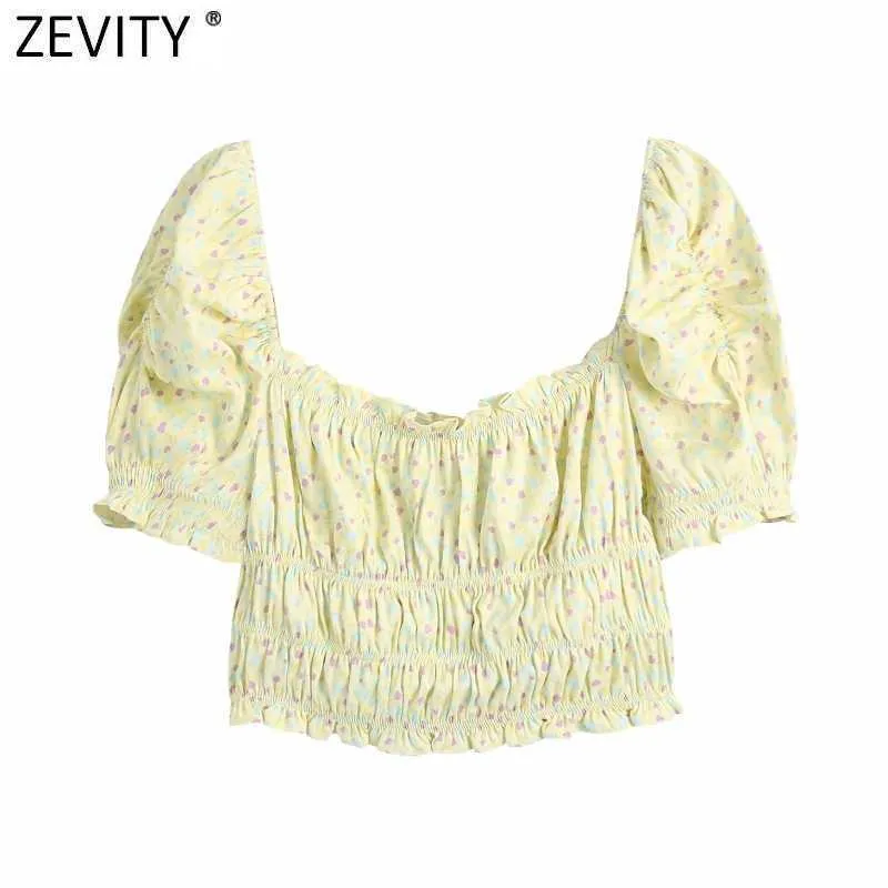 Zevenity Dames Sweet Square Collar Floral Print Korte Blouse Vrouwelijke Puff Sleeve Elastische Slim Shirts Chique Crop Blusas Tops LS9317 210603