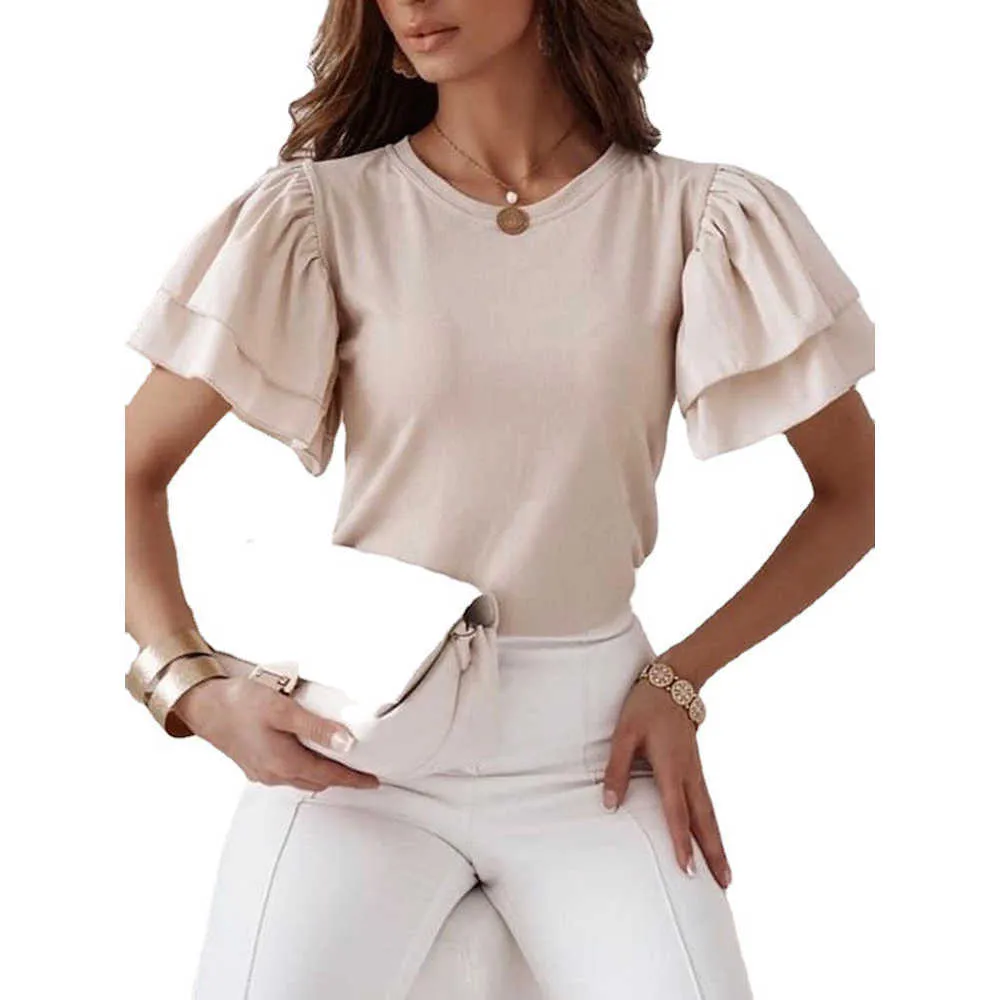 女性のためのカジュアルな固形のフリル半袖Tシャツのトップス夏のファッションのゆるいスプライシングホワイトカーキオネック女性Tシャツ210526